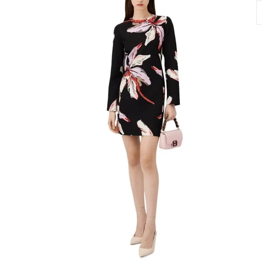 Marella Long Sleeve Floral Sheath Dress Size 12 Italian Designer Luxury